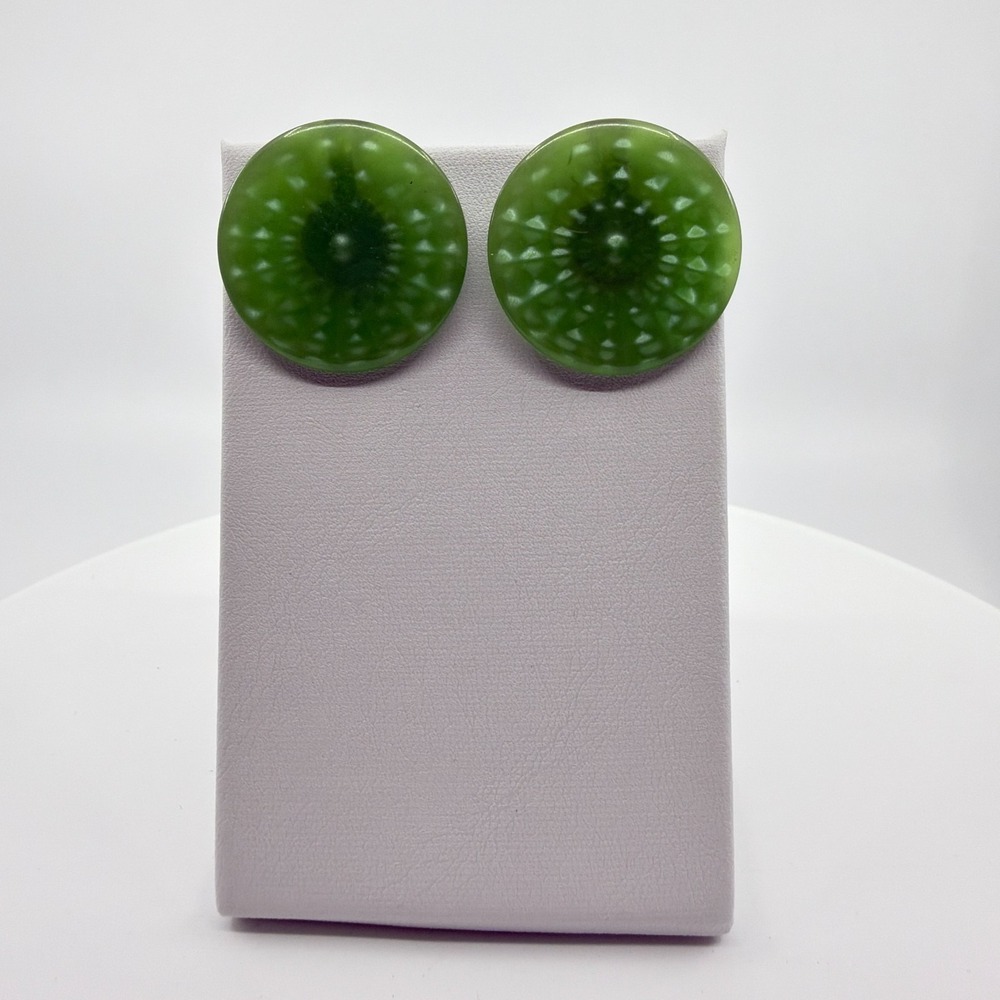 Y2K Vintage Green Glass Disc Clip-On Earrings - Retro Geometric Statement - Picture 6 of 11